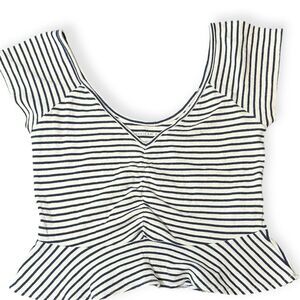 AMERICAN EAGLE Women’s Black White Striped Ruched Peplum Short Sleeve Top Size S